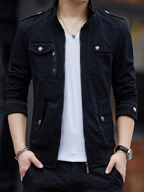 100% Cotton Men’s Solid Stand Collar Zip Up Denim Jackets With Multiple Pockets Design For Outdoor Casual Daily Wear, Spring And Fall