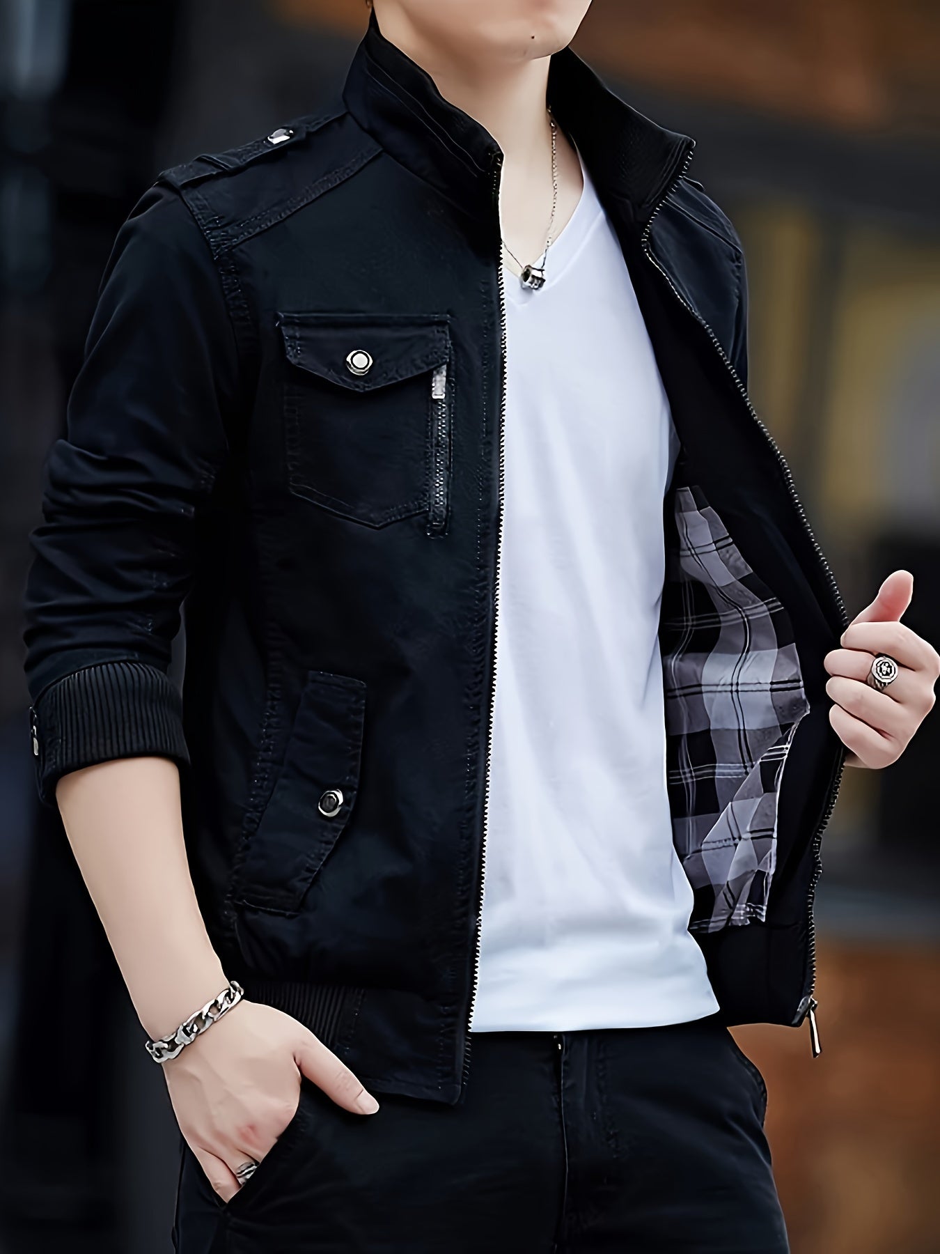 100% Cotton Men’s Solid Stand Collar Zip Up Denim Jackets With Multiple Pockets Design For Outdoor Casual Daily Wear, Spring And Fall