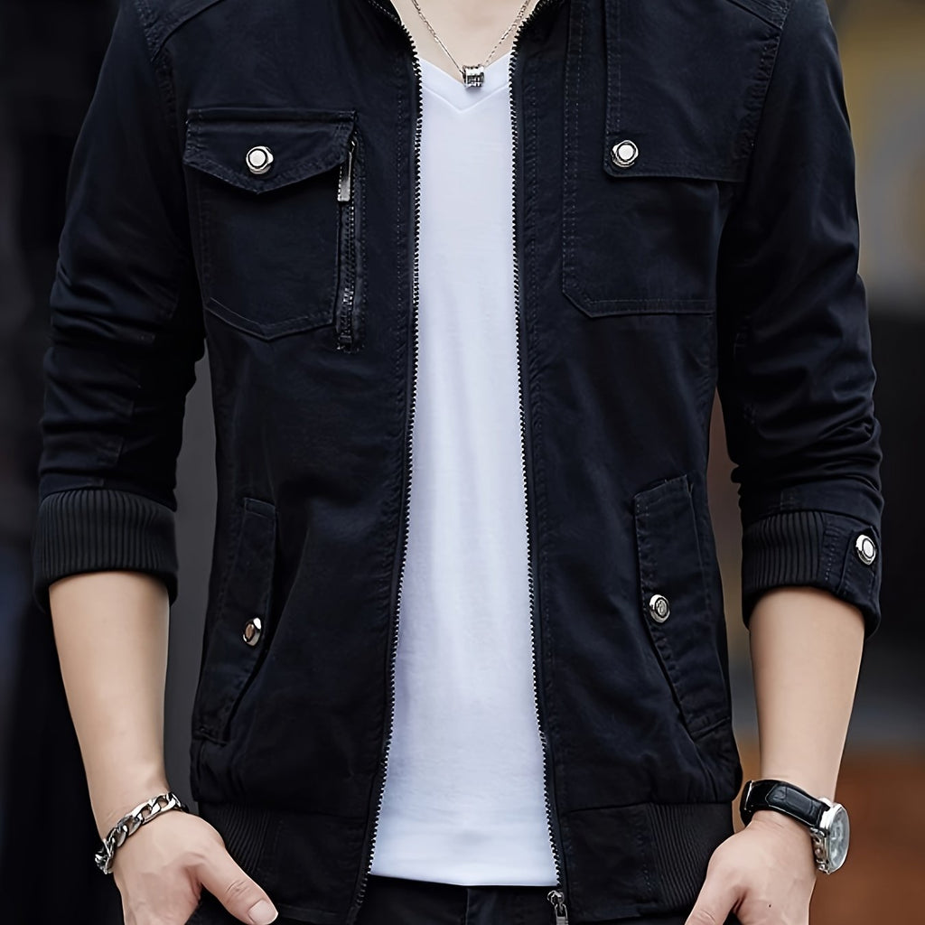 100% Cotton Men’s Solid Stand Collar Zip Up Denim Jackets With Multiple Pockets Design For Outdoor Casual Daily Wear, Spring And Fall