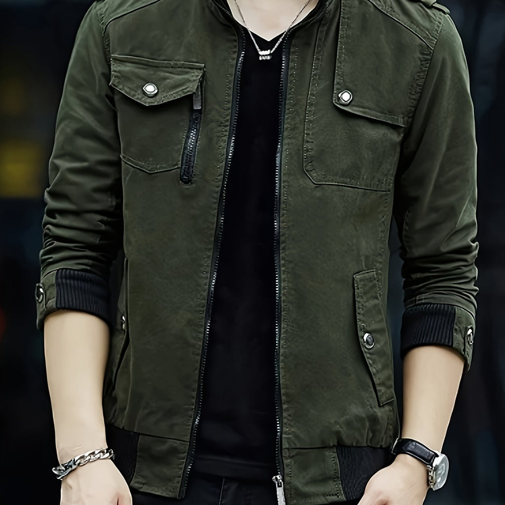 100% Cotton Men’s Solid Stand Collar Zip Up Denim Jackets With Multiple Pockets Design For Outdoor Casual Daily Wear, Spring And Fall