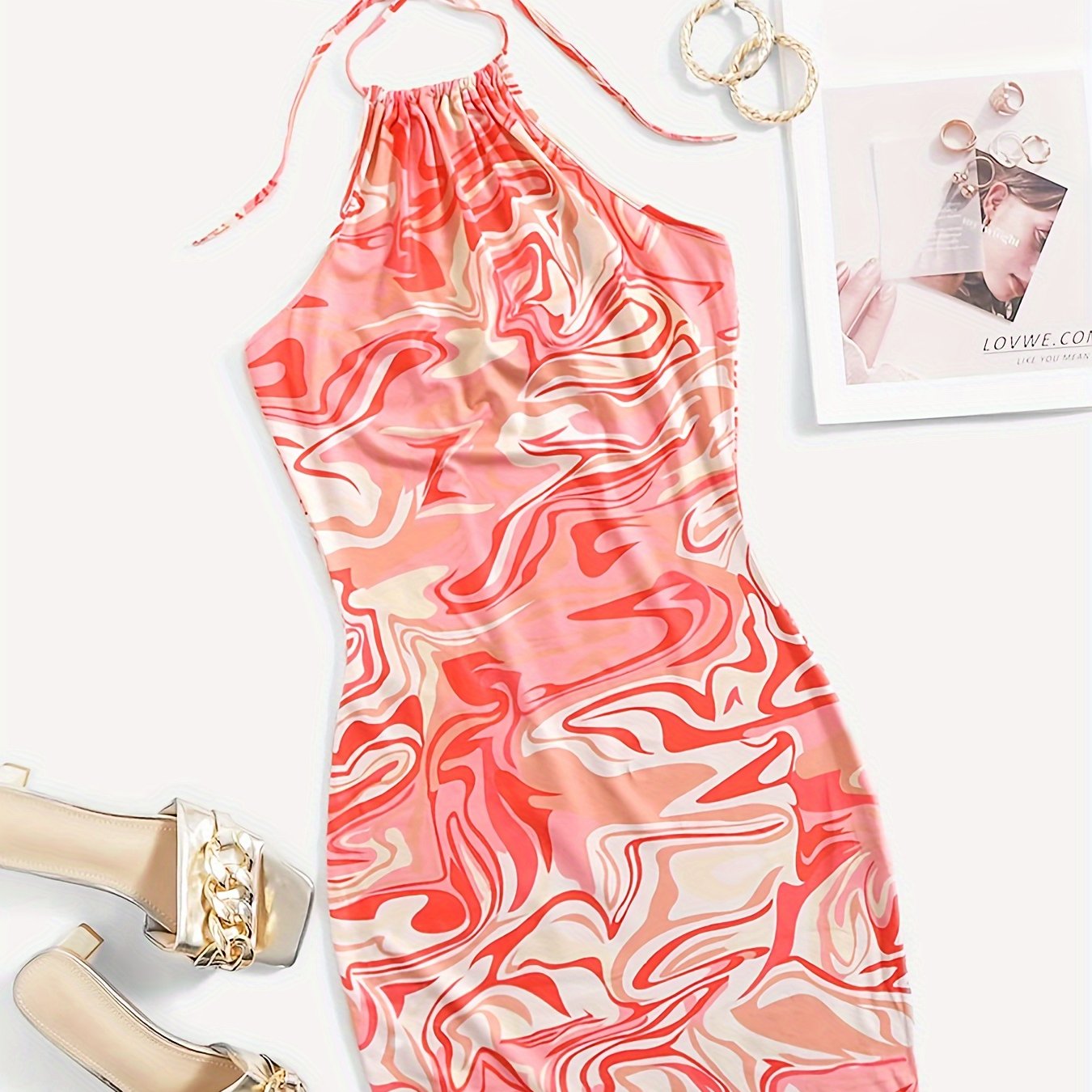 Abstract Print Halter Neck Dress, Casual Backless Bodycon Dress, Women’s Clothing For Party Dressing