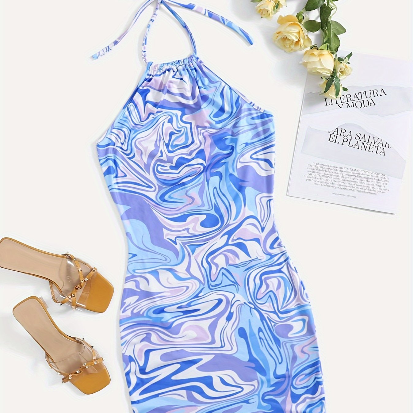 Abstract Print Halter Neck Dress, Casual Backless Bodycon Dress, Women’s Clothing For Party Dressing