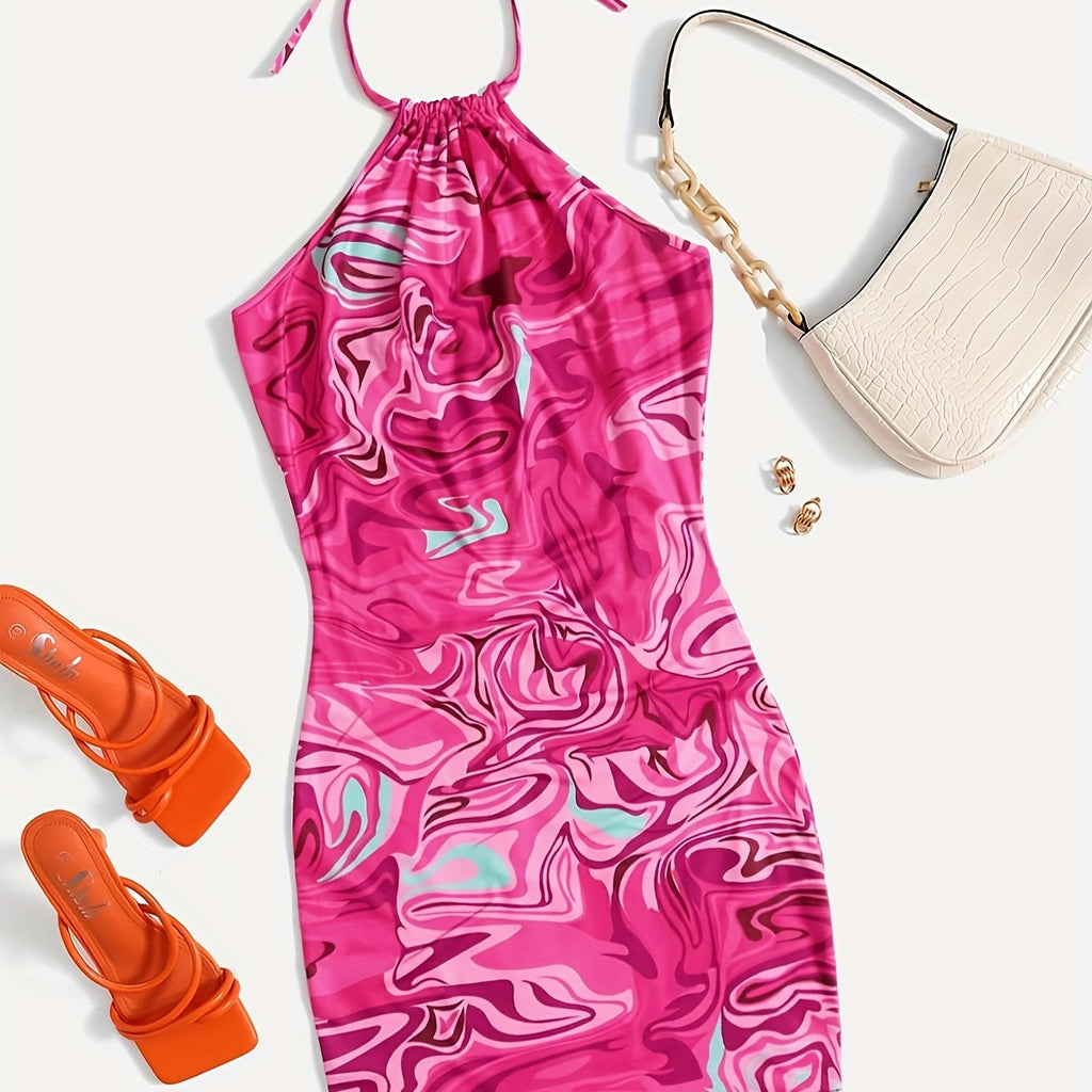 Abstract Print Halter Neck Dress, Casual Backless Bodycon Dress, Women’s Clothing For Party Dressing