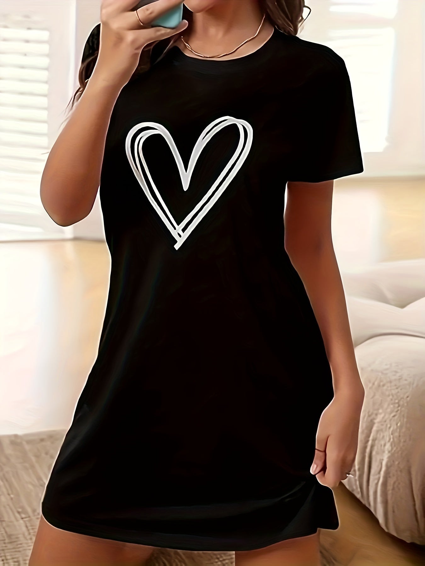Adorable Heart Print Casual Dress – Flirty Short Sleeves, Stylish Crew Neck – Perfect for Spring & Summer – Womens Fashion Must-Have