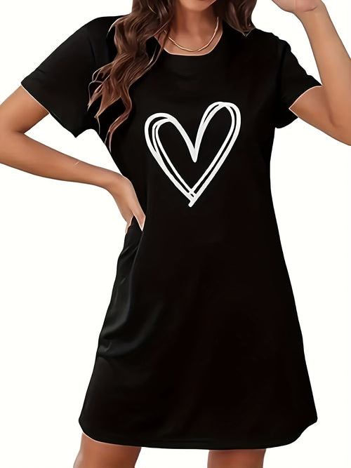 Adorable Heart Print Casual Dress – Flirty Short Sleeves, Stylish Crew Neck – Perfect for Spring & Summer – Womens Fashion Must-Have