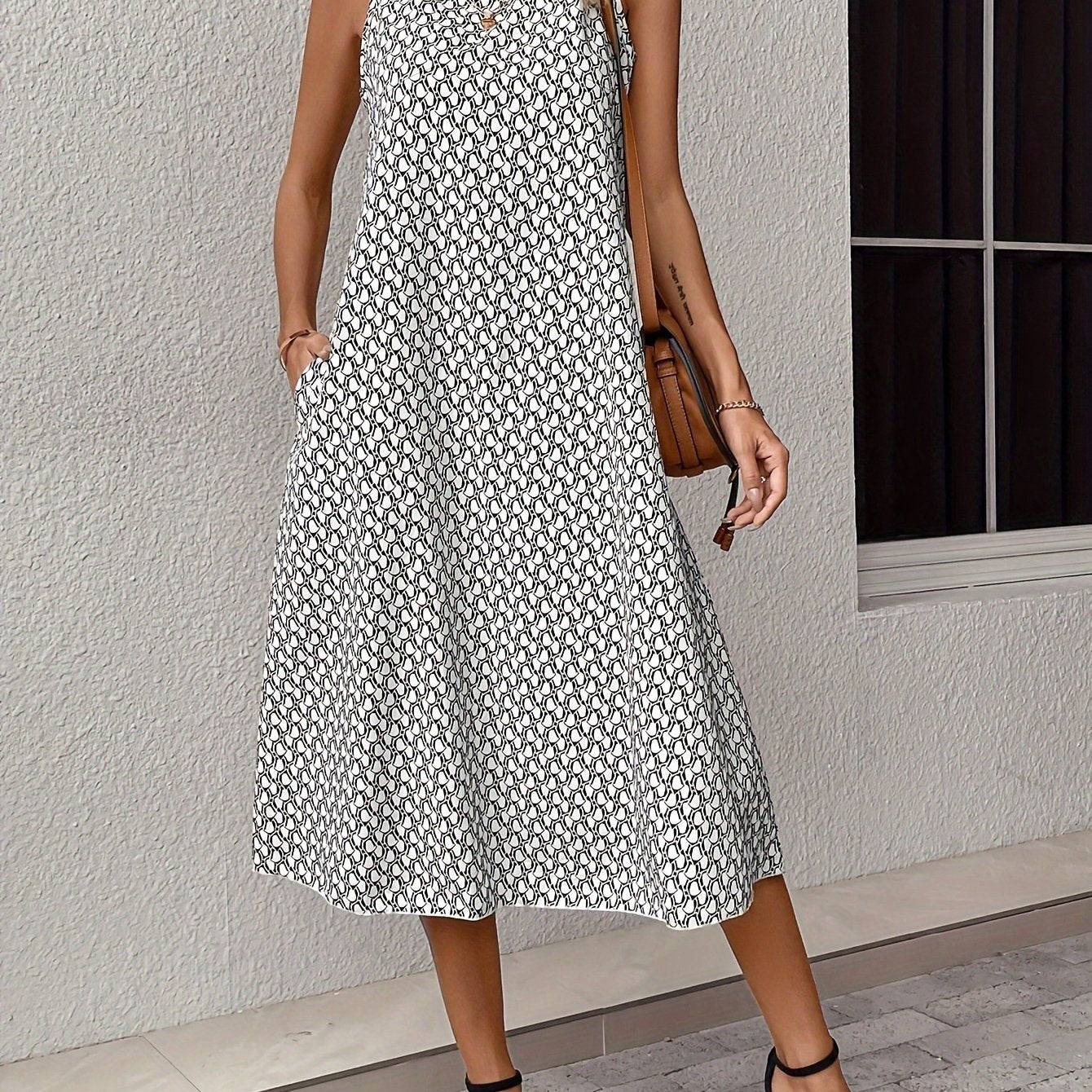 All Over Print Crew Neck Tank Dress, Boho Sleeveless Midi Dress, Women’s Clothing