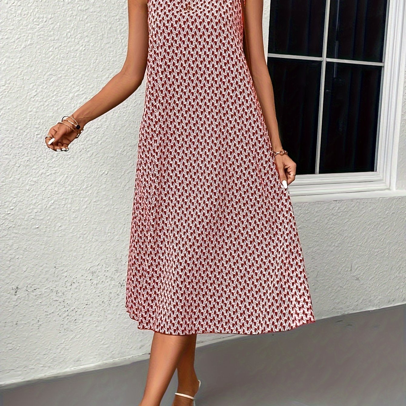 All Over Print Crew Neck Tank Dress, Boho Sleeveless Midi Dress, Women’s Clothing