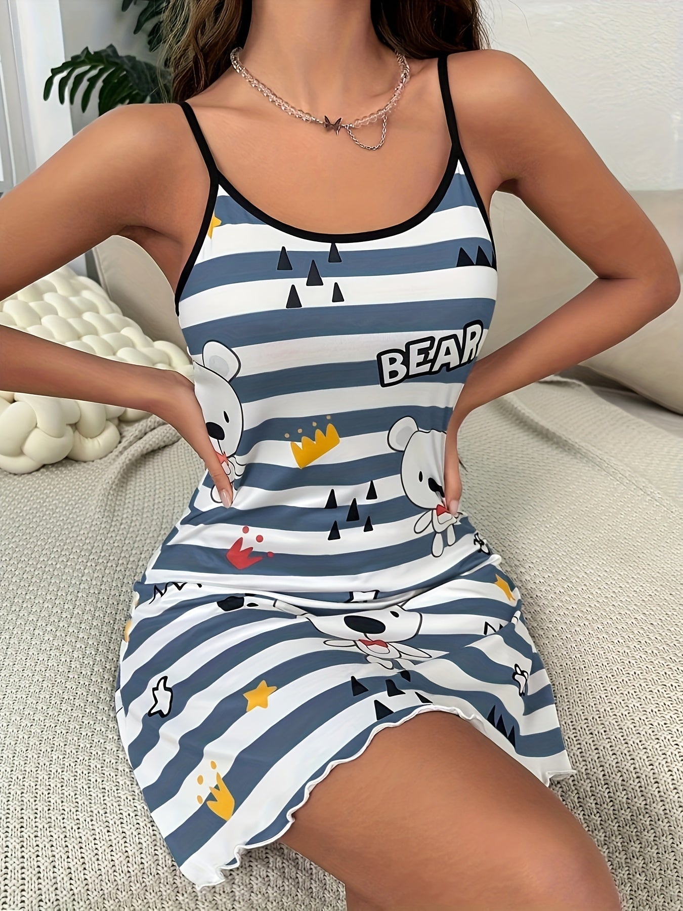 Bear Print Sundress – Lightweight Spaghetti Straps & Flattering Scoop Neck – Effortlessly Chic Casual Dress for Trendy Women – Delicate Lettuce Trim, Ideal for Spring & Summer