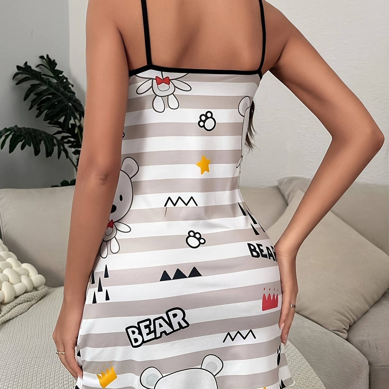 Bear Print Sundress – Lightweight Spaghetti Straps & Flattering Scoop Neck – Effortlessly Chic Casual Dress for Trendy Women – Delicate Lettuce Trim, Ideal for Spring & Summer