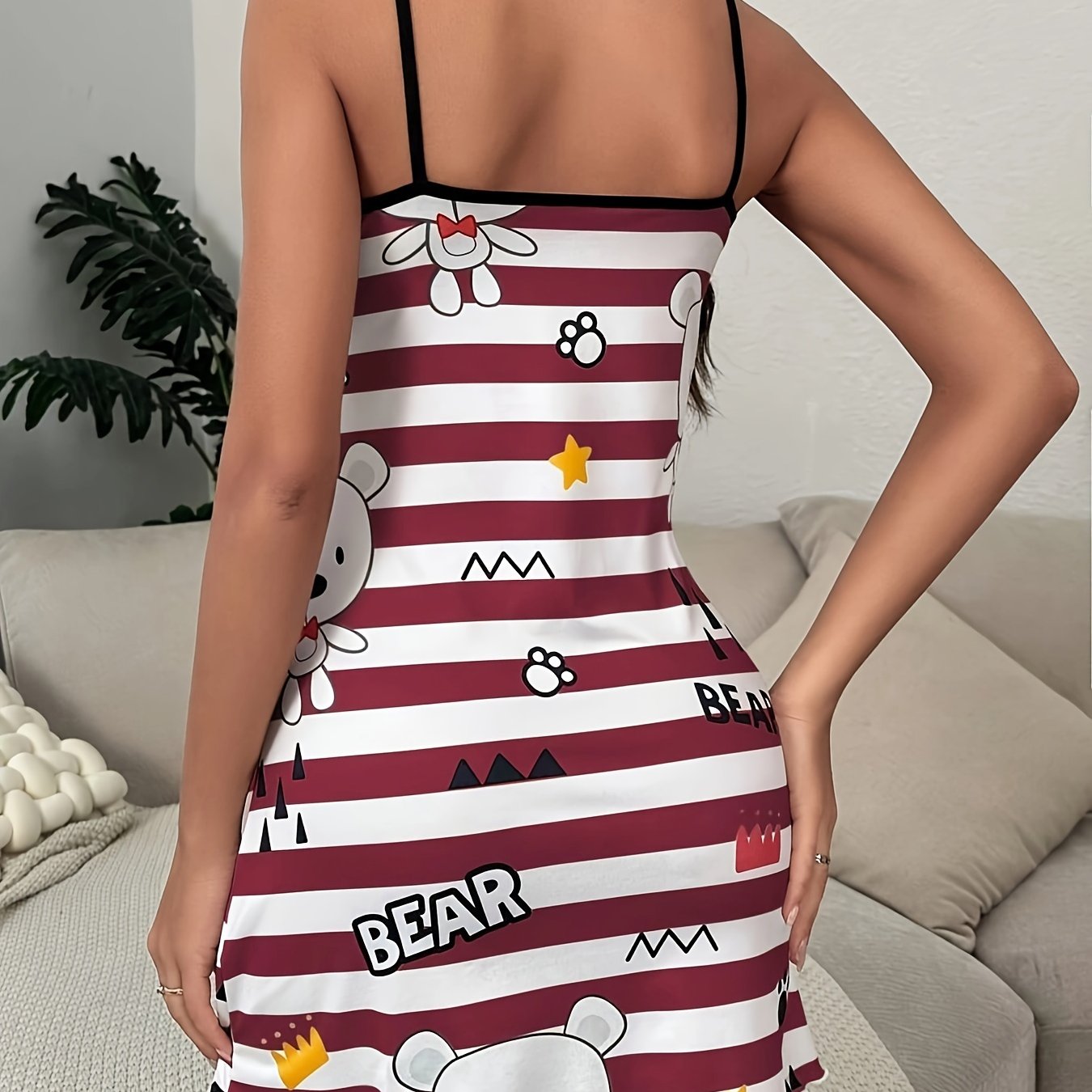Bear Print Sundress – Lightweight Spaghetti Straps & Flattering Scoop Neck – Effortlessly Chic Casual Dress for Trendy Women – Delicate Lettuce Trim, Ideal for Spring & Summer