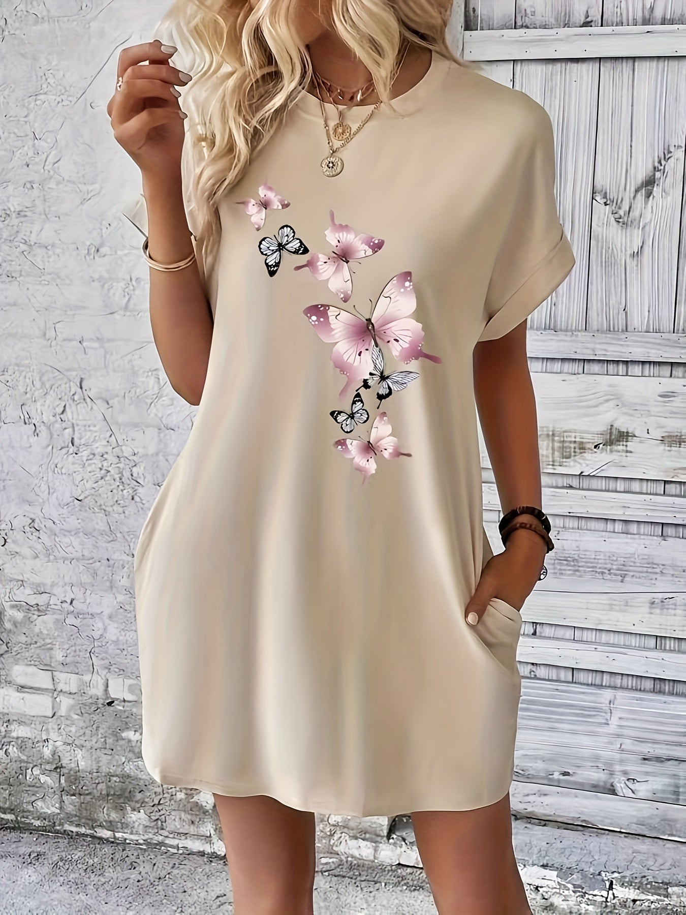 Charming Floral Print Summer Dress – Comfortable Crew Neck, Flirty Short Sleeves – Perfect Casual Style for Spring & Sunny Days – Womens Fashion
