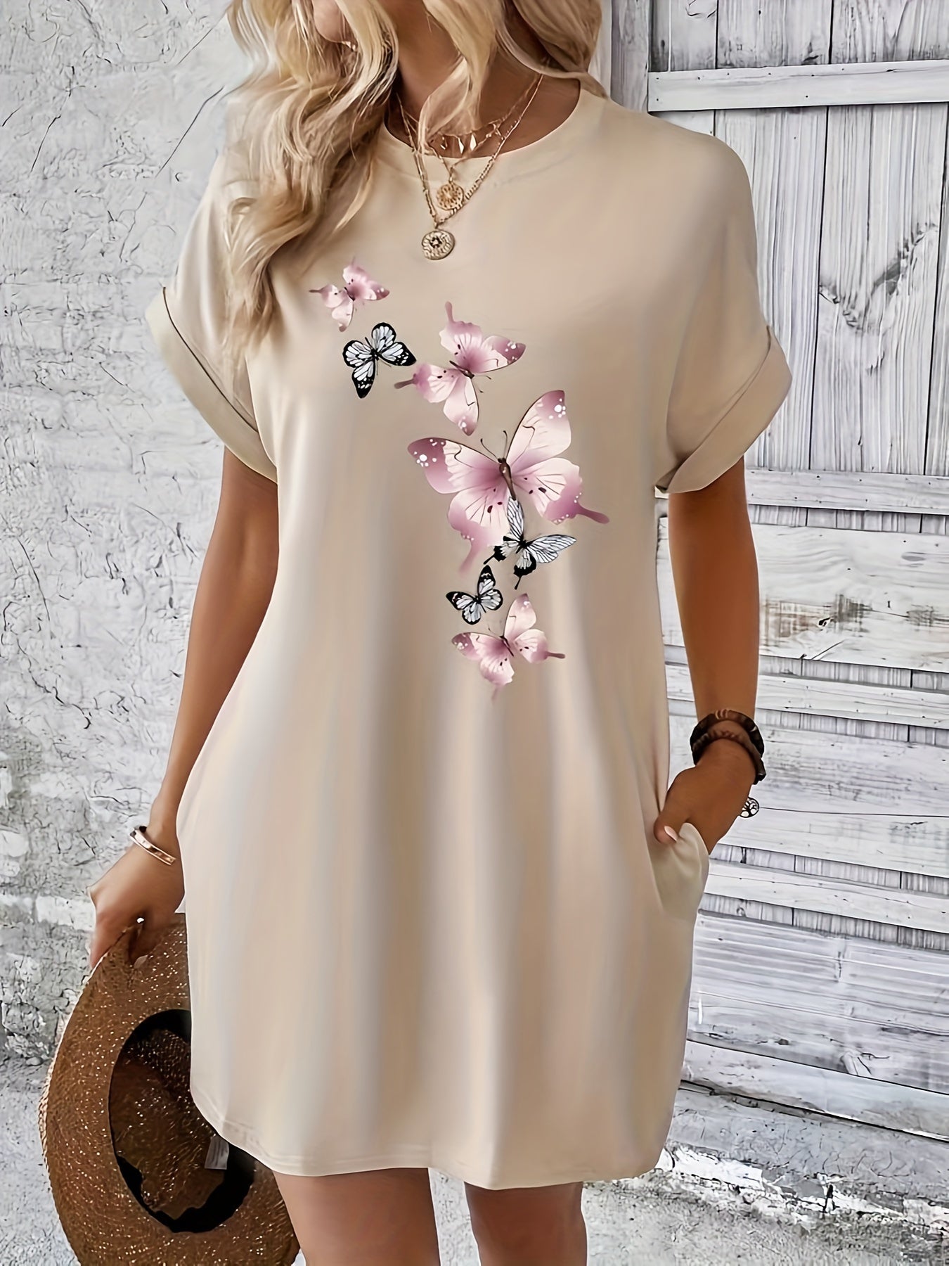 Charming Floral Print Summer Dress – Comfortable Crew Neck, Flirty Short Sleeves – Perfect Casual Style for Spring & Sunny Days – Womens Fashion