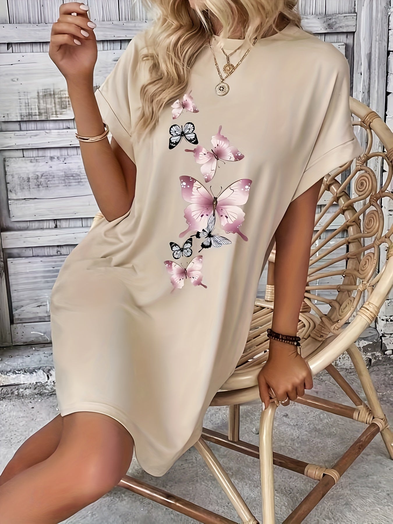 Charming Floral Print Summer Dress – Comfortable Crew Neck, Flirty Short Sleeves – Perfect Casual Style for Spring & Sunny Days – Womens Fashion
