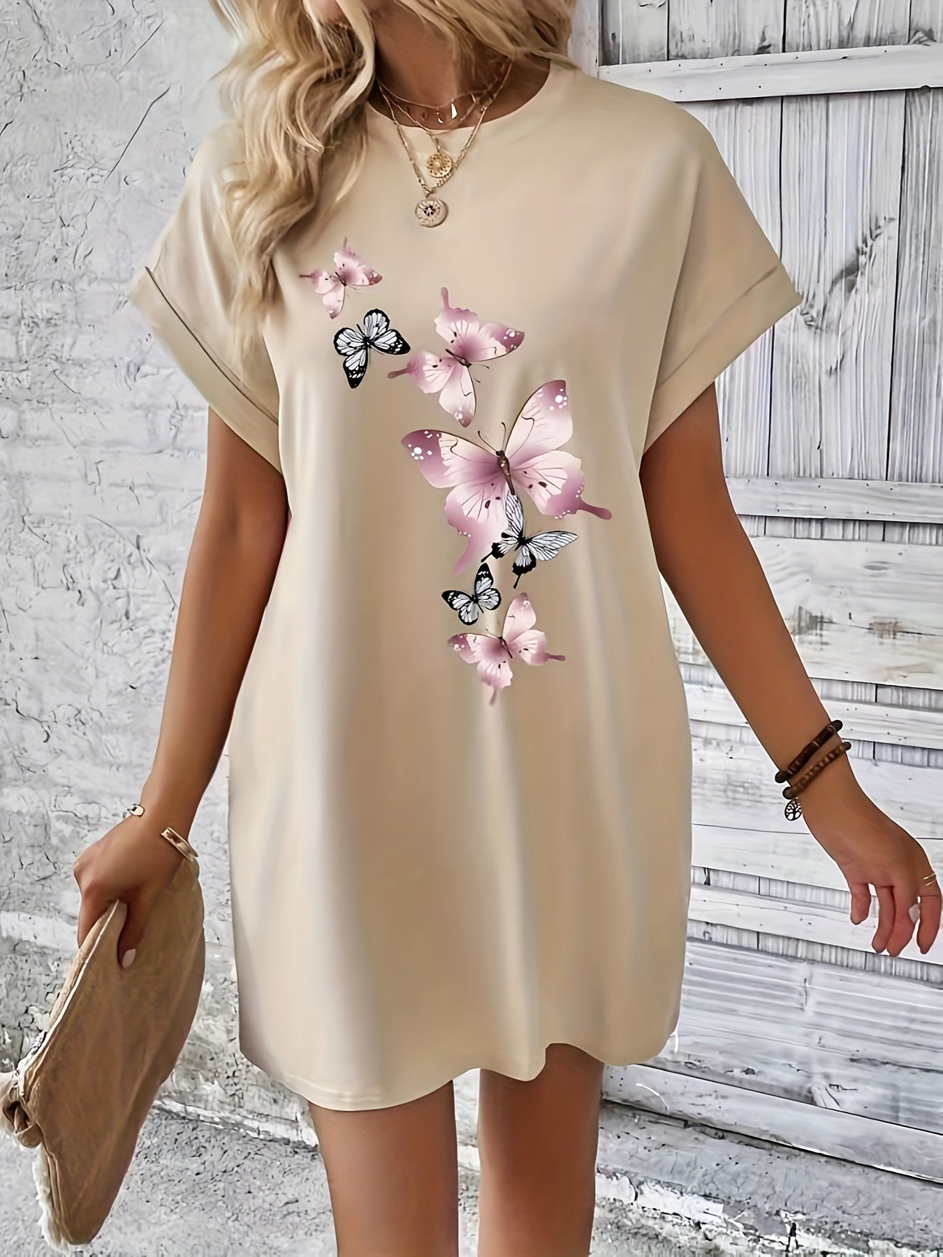 Charming Floral Print Summer Dress – Comfortable Crew Neck, Flirty Short Sleeves – Perfect Casual Style for Spring & Sunny Days – Womens Fashion